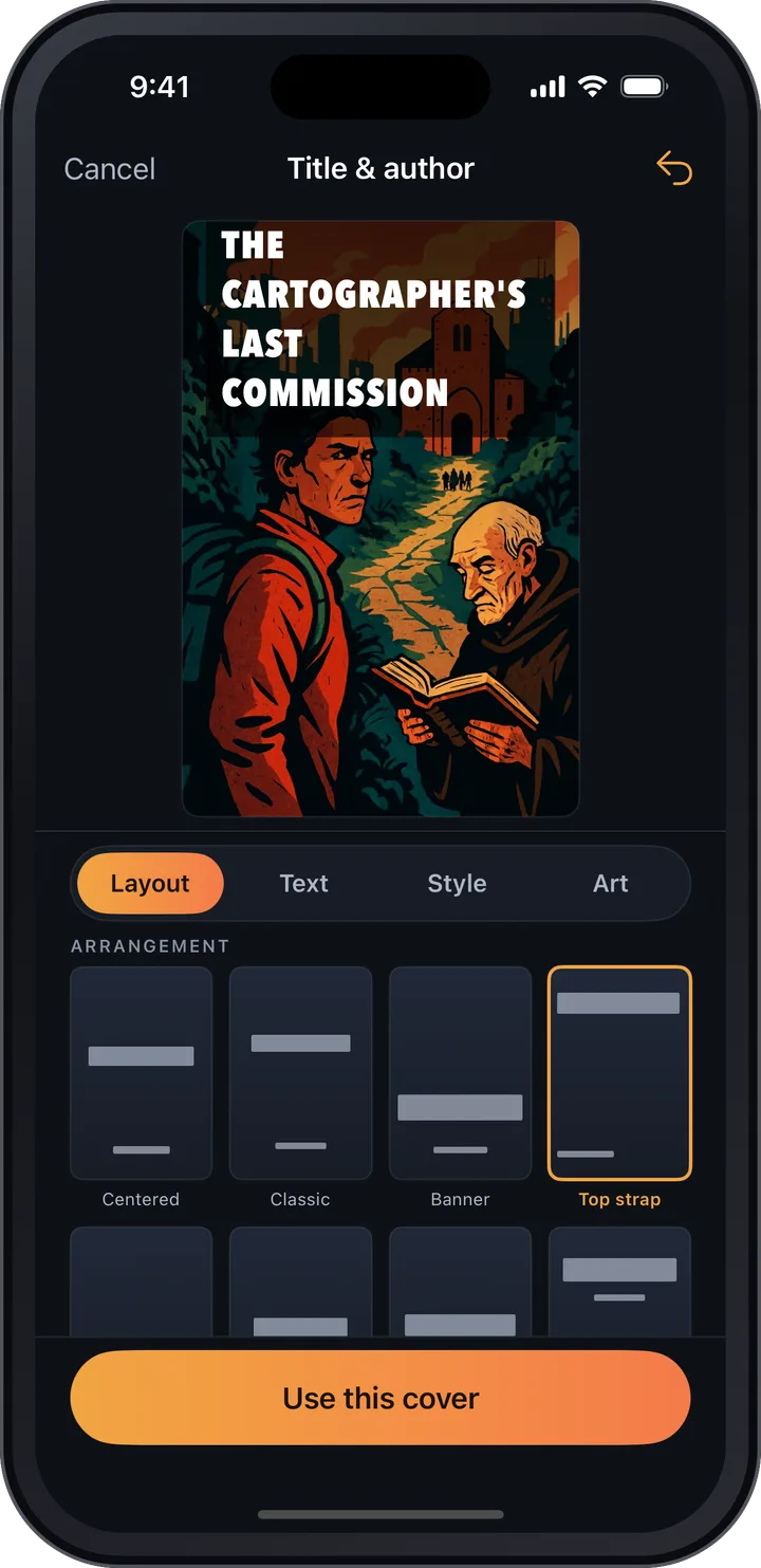 QuickNovel cover editor showing a finished book cover with title and author